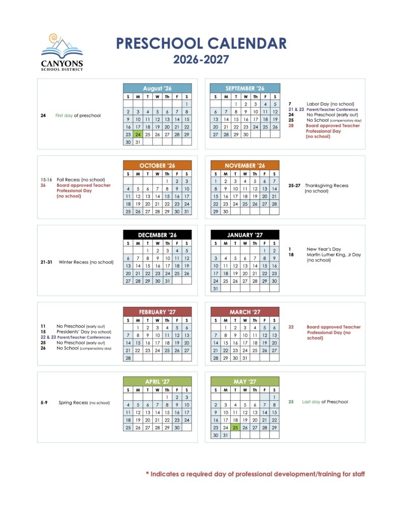 Canyons school District Preschool Calendar for 20206-2027