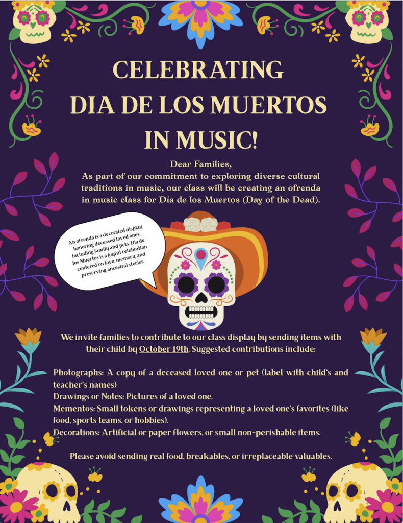 Colorful Día de los Muertos (Day of the Dead) flyer featuring decorated sugar skulls, bright flowers, and festive designs on a purple background. Jordan Valley School's music classes will be creating an ofrenda to explore cultural traditions and honor deceased loved ones. Families are invited to contribute items by **October 19th**, including labeled photographs of deceased loved ones or pets, drawings or notes, small mementos, artificial flowers, and non-perishable decorations. Please avoid sending real food, breakable items, or irreplaceable valuables. An ofrenda is a decorated display honoring deceased loved ones and celebrating their memories.